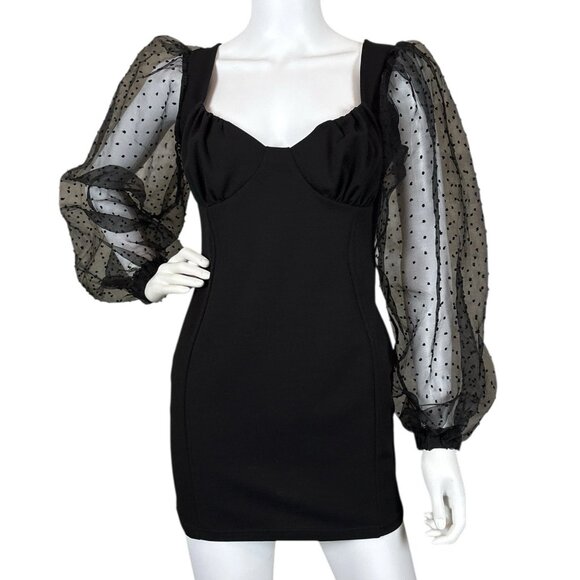 ASOS Design Swiss Dot Puff Sleeve Bodycon Cocktail Dress Black Petite UK 12 US 8 - Picture 1 of 9